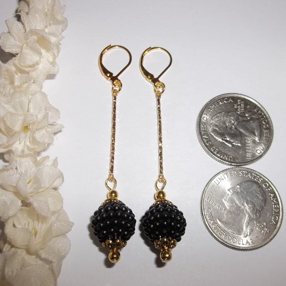 Long Beaded Earrings Black & Gold Bar Stick Set Pair Dangle Drop Elegant 6980 - Picture 3 of 10